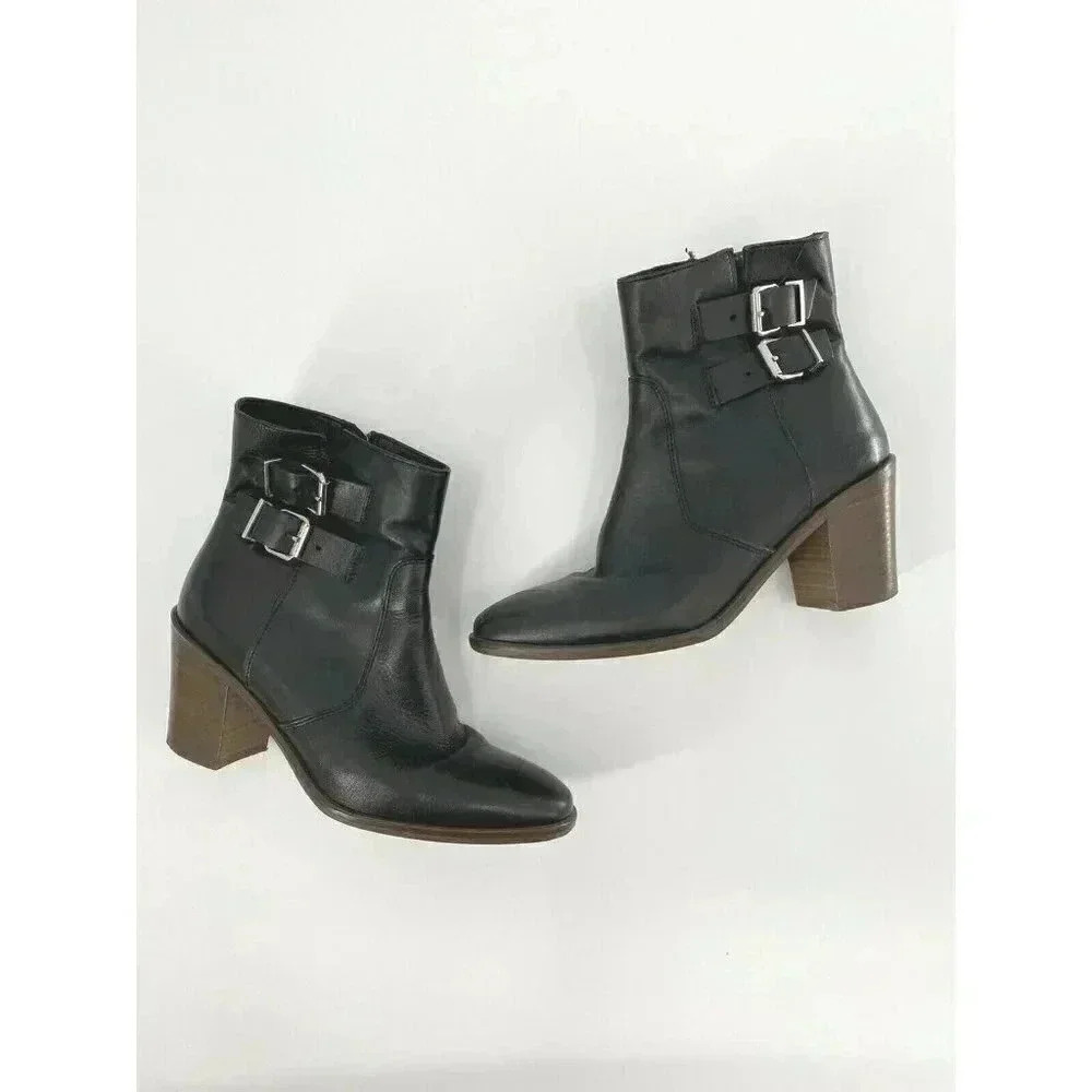 J.Crew Dean Ankle Buckle Block Heel Boots Size 9 $298 Black 07045 Zip Booties